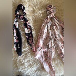 Floral Hair Scrunchies Scarves Set in Black and Pink